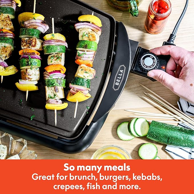 bella Electric Non-Stick Griddle, Make 10 Eggs At Once, Healthy-Eco Non-stick Coating, Hassle-Free Clean Up, Large Submersible Cooking Surface, 10.5" x 20", Black
