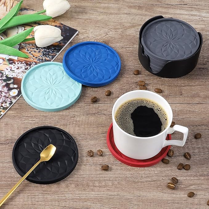 ME.FAN Silicone Coasters with Holder,[6 Pack] Drinking Coasters - Cup Mat for Hot or Cold Drinks, Thickened, Non-Slip, Non-stick,Deep Tray Orange