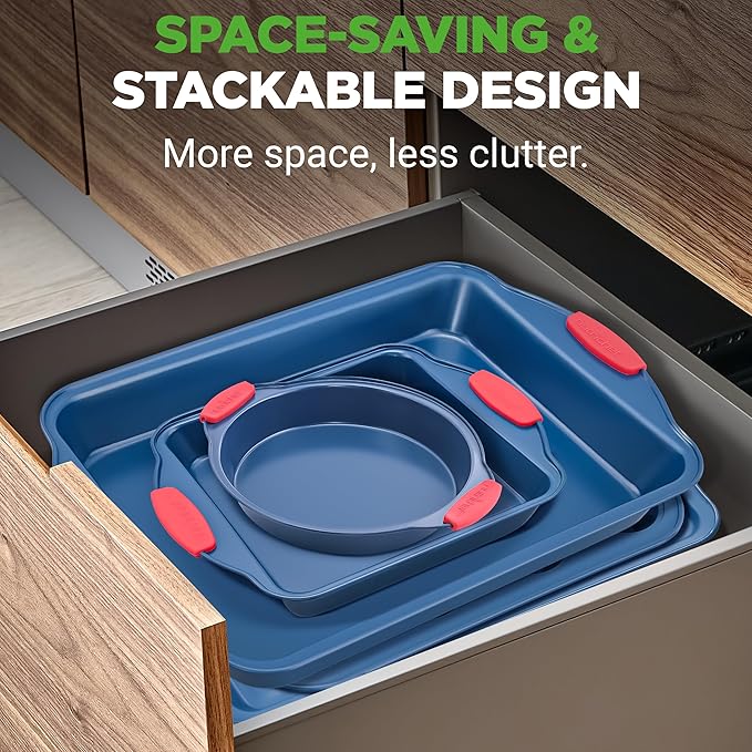 NutriChef 6-Piece Non Toxic Bakeware Set – Carbon Steel Baking Pan Includes Cookie, Muffins, Loaf, Bread, Round & Square Pans, Non-Stick, Easy Release, & Easy Clean