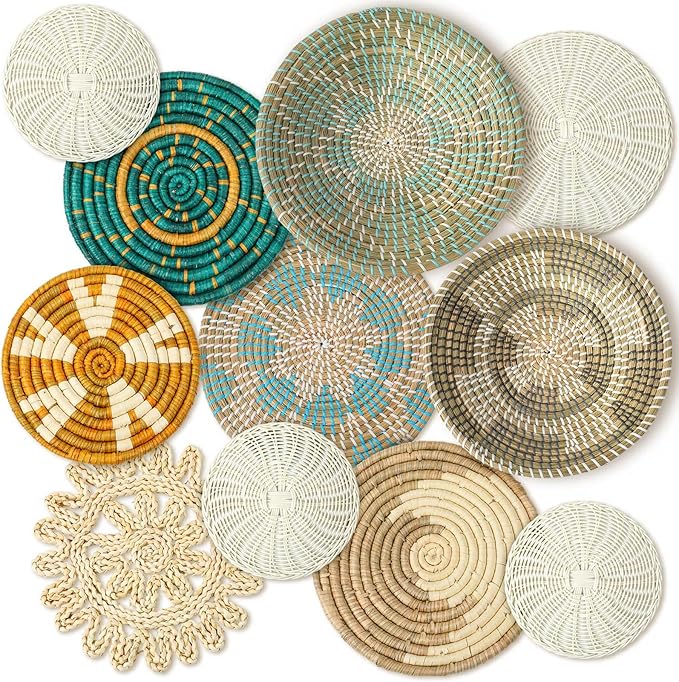 Tatuo 11 Pcs Boho Wall Basket Decor Bulrush Woven Wall Hanging Art Round Farmhouse Rustic Handmade Wicker for Summer Home, Bedroom, Living Room, Kitchen Decorations, Multi Sizes(Bright)