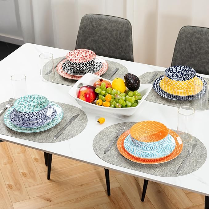 LEHAHA 12 Pieces Ceramic Dinnerware Sets, Porcelain Round Dinner Set for 4, Microwave and Dishwasher Safe Plates and Bowls Dishes Sets, Kitchen Dinner Dinning Ware Set, Assorted Colors