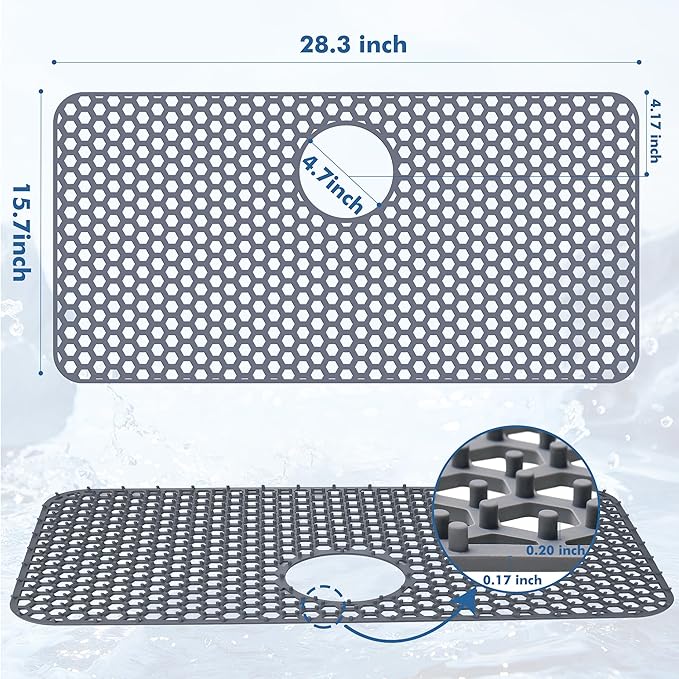 Bestjing Silicone Sink Protectors for Kitchen Sink with Rear Drain - 28.3"x 15.7" Kitchen Protector Accessory, Non-Slip Heat Resistan Mat for Bottom of Farmhouse Stainless Steel Porcelain(Gray)