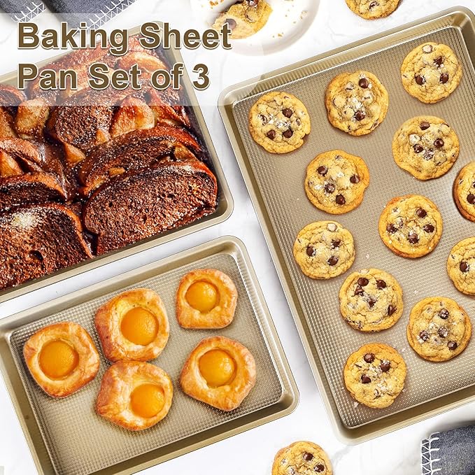Baking Sheet Pan Set of 3 | Nonstick Cookie Sheets for Baking Supplies | No Rust & No Toxic Carbon Steel Half Sheet Pan+Jelly Roll Pan+Quarter Sheet Pan Set | Heavy Duty Baking Tray for Oven