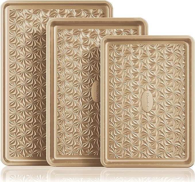 HONGBAKE Nonstick Baking Sheet Pan Set of 3, Cookie Sheets for Oven, Non-Toxic Half/Quarter/Jelly Roll Pans with Floral Swirl Texture, Heavy Duty 0.8mm Thick Oven Trays for Cooking, Antique Gold
