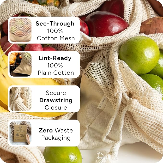 LEAFICO Reusable Produce Bags – 100% Cotton Mesh & Solid Hybrid (Mixed Sizes 8 Pcs – S/M/L/XL) – Multi-Use Grocery & Storage Bags for Fruit, Vegetables, Toys, Clothes, Travel – Washable, Zero Waste