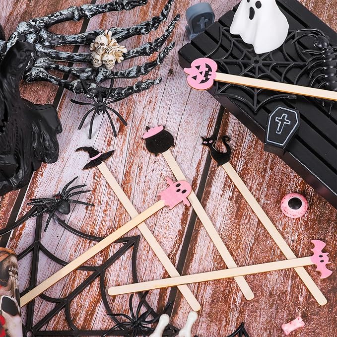 JarThenaAMCS 120Pcs Halloween Coffee Stirrers Disposable Pink Black Ghost Bat Cat Pumpkin Stir Sticks Wooden Drink Stirrer for Hot Chocolate Milkshake Restaurant Home Office
