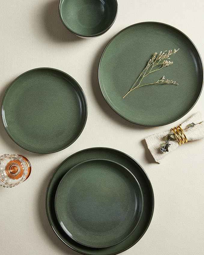 Plates and Bowls Sets for 8, 24 Piece Dinnerware Set for Large Families & Entertaining, Elegant Design, Dishwasher & Microwave Safe, Chip Resistant and Durable, Forest Green