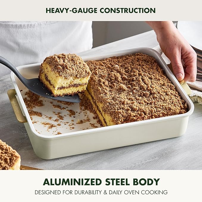 GreenPan Bakeware 13” x 9” Rectangular Cake Pan, Ceramic Nonstick Baking Pan, PFAS & BPA Free, Gold Handles, Durable Steel, Freezer to Oven Dish, Scratch Resistant, Bake & Roast Ovenware, Cream