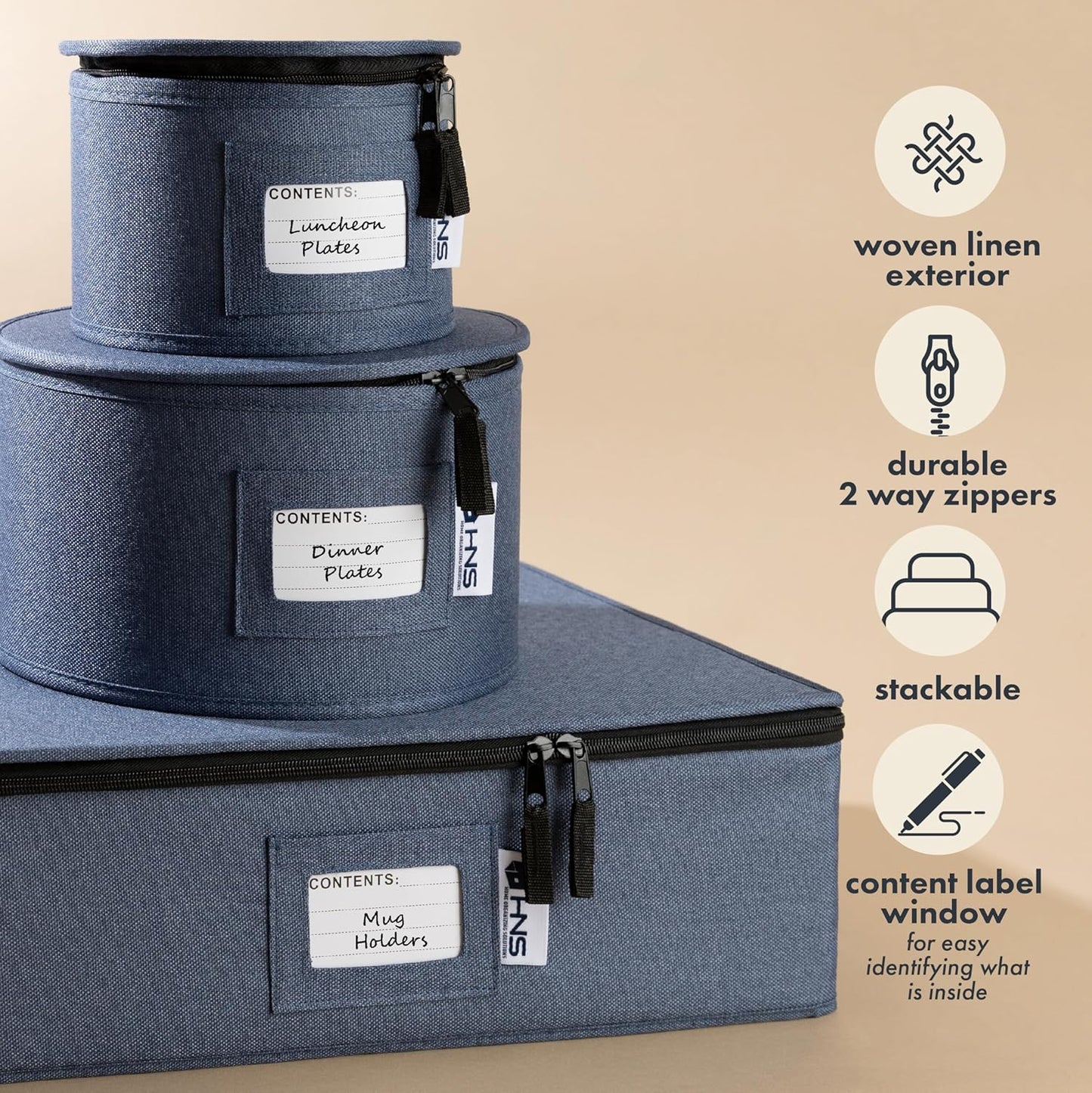 Saucers Storage Container - Hard Shell China Organizer with Dividers - Holds 12 Plates of 7" - Durable & Stackable Storage Box for Seasonal Dishware Protection - Denim Blue