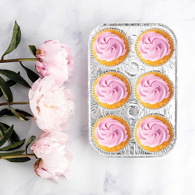 PLASTICPRO Aluminum Foil Muffin Pans Reusable and Disposable, Holds 6 Cupcakes/Muffin & Pie foil Pan Pack of 50