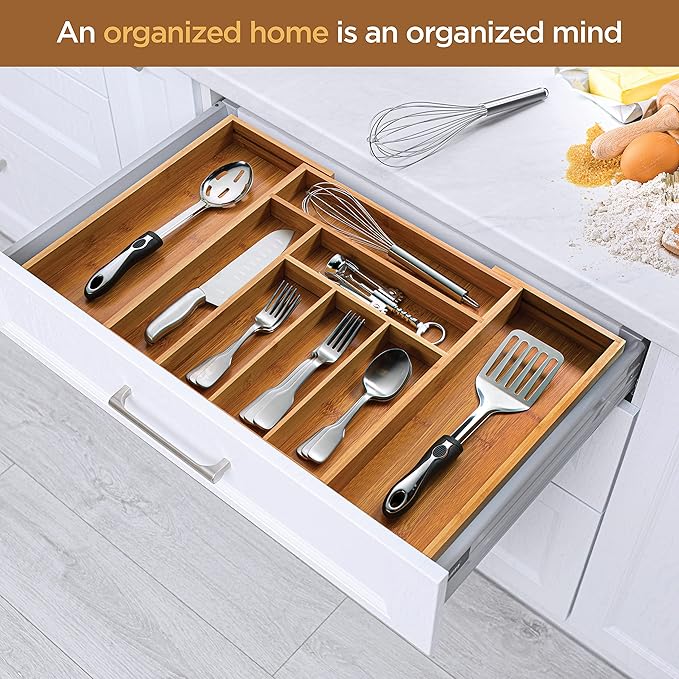 Bamboo Dish Rack and Expandable Drawer Organizer Set Bundle