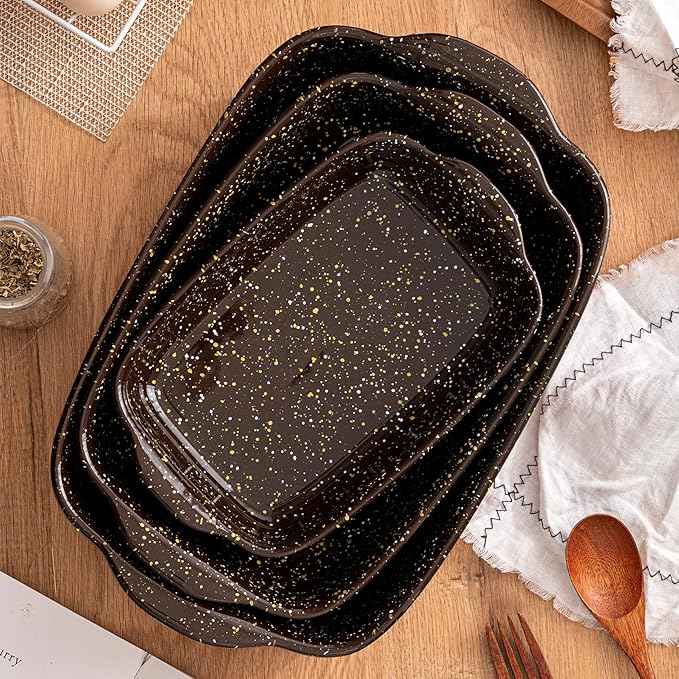 3-Pack Deep Rectangular Ceramic Baking Dishes, Heavy-Duty Oven-Safe Stoneware Casserole Pans for Lasagna Baking, High Heat Resistant Handcrafted Glazed Finish,Speckle Series(13.8''/12''/9.6'' Brown)