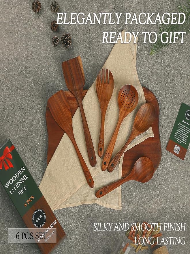 Natural Teak Wood Kitchen Utensil Set - 6 Piece Non-Stick Cooking Spoons & Spatulas, Heat Resistant & Eco-Friendly, Durable Wooden Tools for Nonstick Cookware