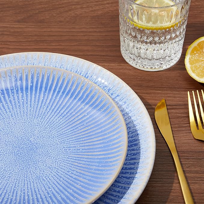 Pokini Ceramic Dinnerware Sets, Handmade Reactive Glaze Plates and Bowls Sets, Highly Chip and Crack Resistant Dish Set, Distinctive Granulated Surface Dishwasher & Microwave Safe Service for 4