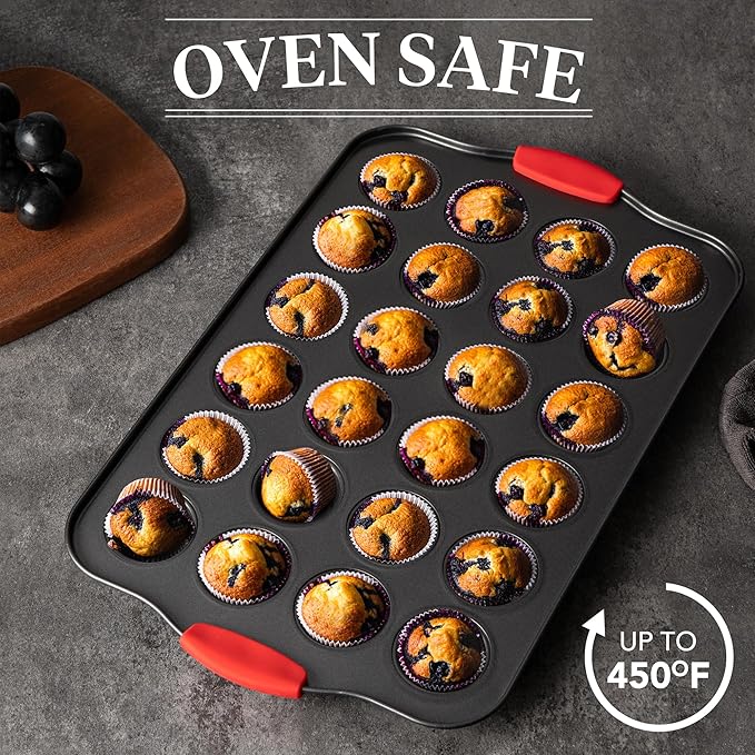 Tiawudi Mini Muffin Pan, 24 Cavity Cupcake Pan, Nonstick Baking Pan, Heavy Duty Small Muffin Tin with Silicone Grip Handles, Set of 2
