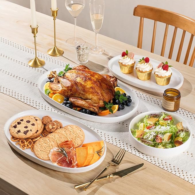 theterra Ceramic Serving Platter, 15.6"/14.4"/12.2" Oval Serving Dishes for Entertaining, Oven Safe, Microwave Safe, Serving Plates Set of 3 for Wedding, Party, Turkey, Bright White