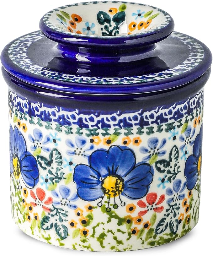 French Butter Crock with Lid for Countertop,Handpainted Floral Butter Keeper with Water Seal Line, Farmhouse Ceramic Butter Container Airtight for Soft Spreadable Butter,Housewarming Gifts