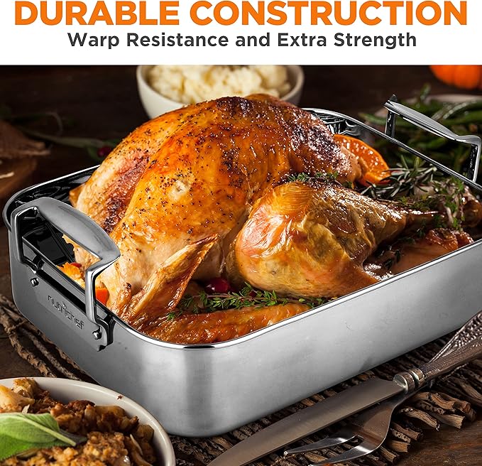 NutriChef Roasting Pan with Rack – Oven Safe Roaster w/Removable Polished Rack,Durable Warp-Resistant Bakeware, Wide Handles, Dishwasher Safe, PFOA-Free, Ideal for Turkey, Chicken, Meat & Vegetables