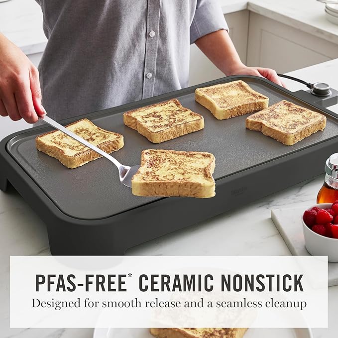 Martha Stewart 12” x 22” Electric Griddle, XL Ceramic Nonstick Flat Top Cooking Surface, Adjustable Temperature Dial, Drip Tray, Dishwasher Safe, 1500W Fast Even Heating, Pancakes & Eggs, Caviar Gray