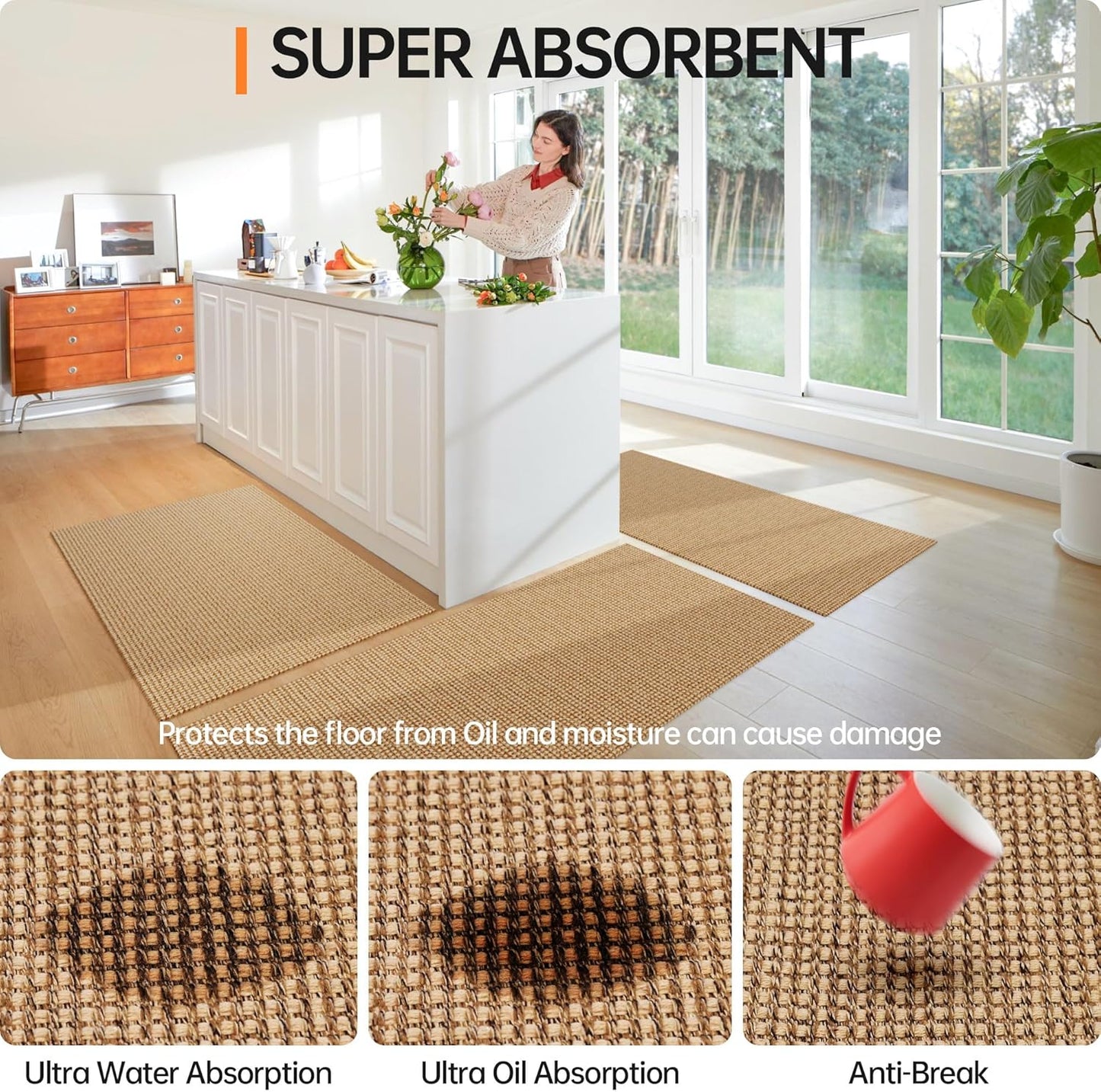 Kitchen Rugs and Mats Non Skid Washable [2PCS] (17.3" x 30"+ 17.3" x 60"), Absorbent Kitchen Floor Mats, Boho Cotton Kitchen Runner Rugs Comfort Standing Mat for Sink Hallway Laundry