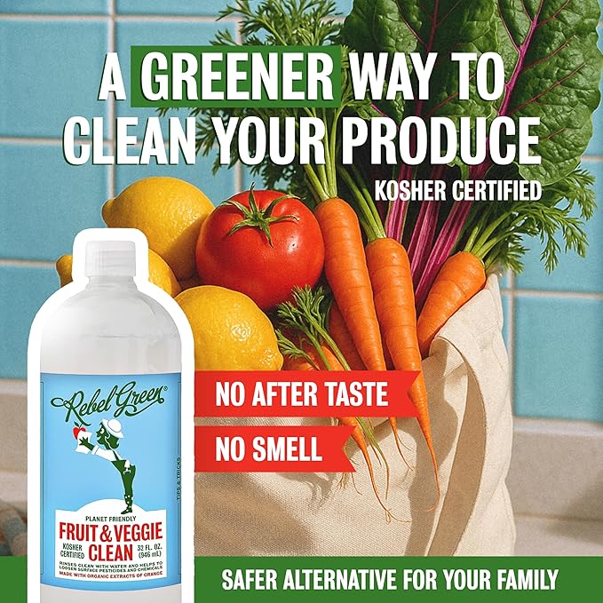 Rebel Green Fruit & Veggie Clean - Plant-Based Produce Cleaner - Natural Fruit and Vegetable Wash with No Aftertaste - Dirt & Grime Removal - Made with Organic Extracts of Citrus - 3 Pack 17 FL OZ