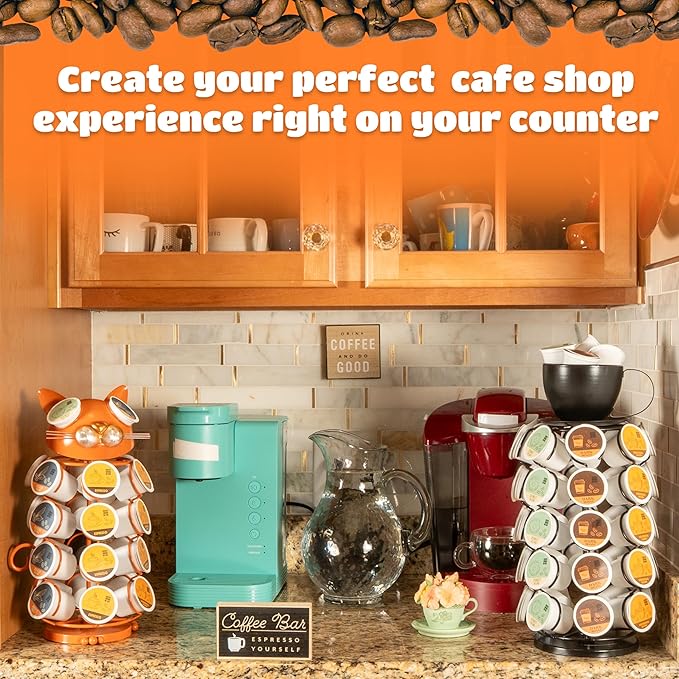 Made Easy Kit Carousel Coffee Pod Holder - Compatible with Keurig K-Pods K-Cups - Countertop 360 Spin Rack Storage Organizer - Revolving Base - Capsule Café Station Bar (Cat Orange, Small)