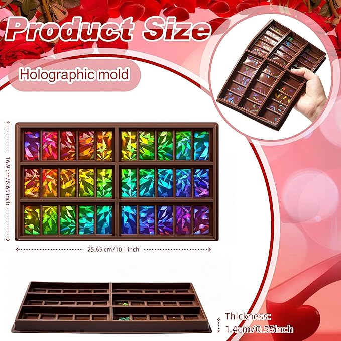 Ziliny Diamond Holographic Chocolate Bar Mold Silicone, Rainbow Light Effect Chocolate Bar Deep Thick Molds for DIY Candy Dessert Baking, Candy, Wax Melts, Cake Decoration (Rectangle)