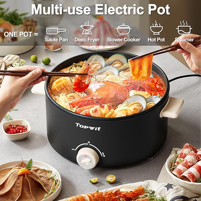 TOPWIT Hot Pot Electric, 4L Electric Pot with Non-Stick Coating, Dual Power Electric Cooker for Deep Frying, Steak, Pasta, Multi-Functional Large Capaity Shabu Shabu Pot for Party, Dark Black