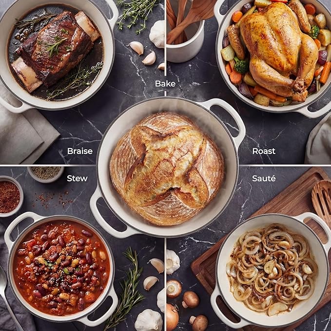 Zulay Kitchen 7.7 Quart Enameled Cast Iron Dutch Oven Pot with Lid – Premium Durability & Oven Safe up to 500°F – Heavy Duty Cookware Perfect for Bread Baking, Stews, Braising & Roasting – White