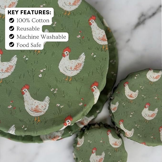 (4-Pack) Sourdough Reuseable Jar & Bowl Covers | Cute Baking Gift | 100% Cotton | Washable | Bread Proofing | Kitchen Food Storage Gifting | Starter Cover Lid Kit (Chickens)
