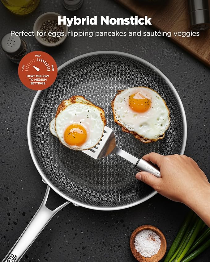 Non Stick Frying Pans with 2 Lids, 8+10+12 inch, Hybrid Frying Pans Set Nonstick,Skillets Stainless Steel Upgrade, Dishwasher & Oven-Safe, Induction Compatible Cooking Pan, PFOA Free Cookware
