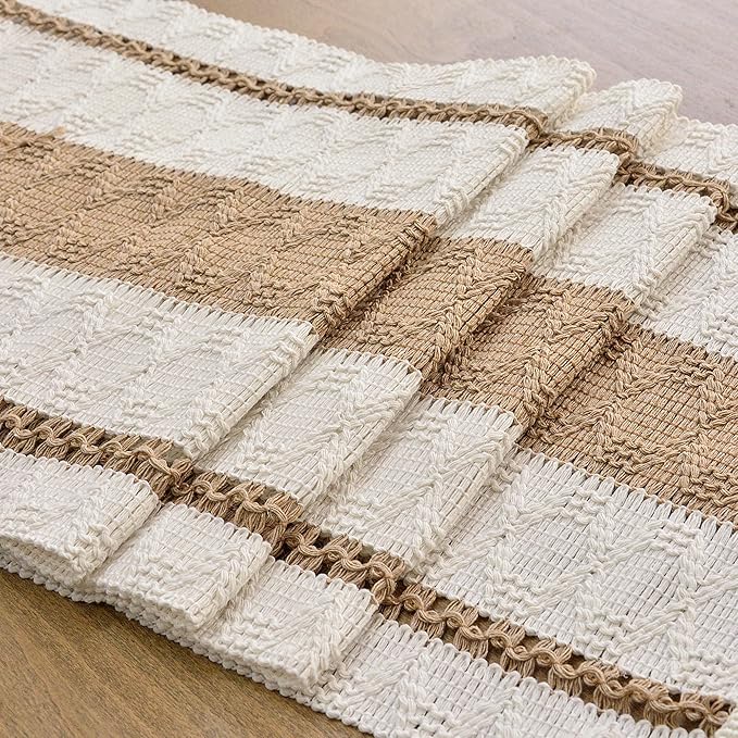 FEXIA Boho Table Runner for Hoilday Spring Home Decor with Tassels 72 Inches Long Pottery barn Furniture Farmhouse Rustic Macrame Burlap Table Decoration for Living Room (12x72 Inches)