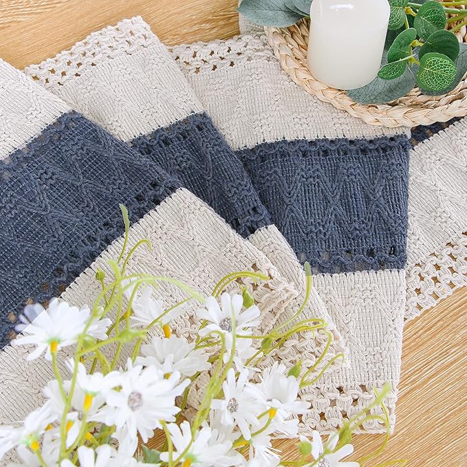FEXIA Boho Blue Table Runner 72 Inches Long with Tassels Macrame Farmhouse Style Party Rustic Wedding Baby Bridal Shower Dining Decor (12x72 Inches)