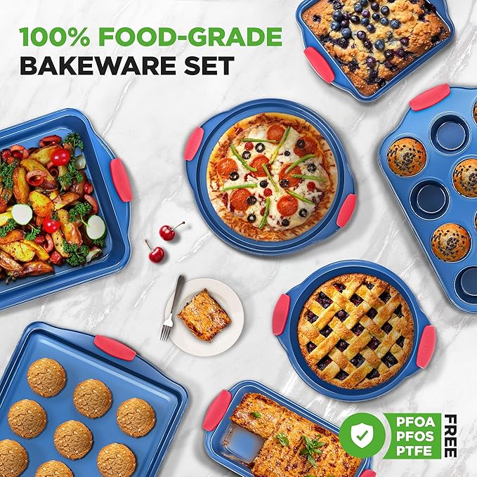 NutriChef 10-Piece Nonstick Bakeware Set - Deluxe Carbon Steel with Blue Silicone Coating, Red Handles, Professional Grade Kitchen Essentials, Ideal for Baking Cakes, Cookies, and More (Blue)