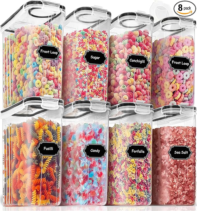 PRAKI Cereal Containers Storage Set (4L,135.2 Oz), 8PCS Airtight Food Storage Containers with Lids for Kitchen & Pantry Organizers and Storage, Cereal Dispensers with 20 labels, Measuring Cup & Marker