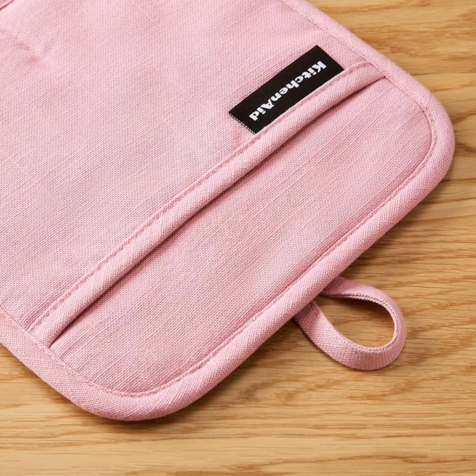 KITCHENAID Gourmet Series Gridlines Pot Holders 2-Pack Set, Heat Resistant up to 600°F, Soft Silicone Grip, Magnetic Cuff, Dried Rose, 8"x8"