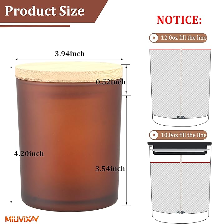 MILIVIXAY 12 Pack 12 OZ Frosted Amber Glass Candle Jars with Lids and Candle Making Kits - Bulk Empty Candle Jars for Making Candles - Spice, Powder Containers.