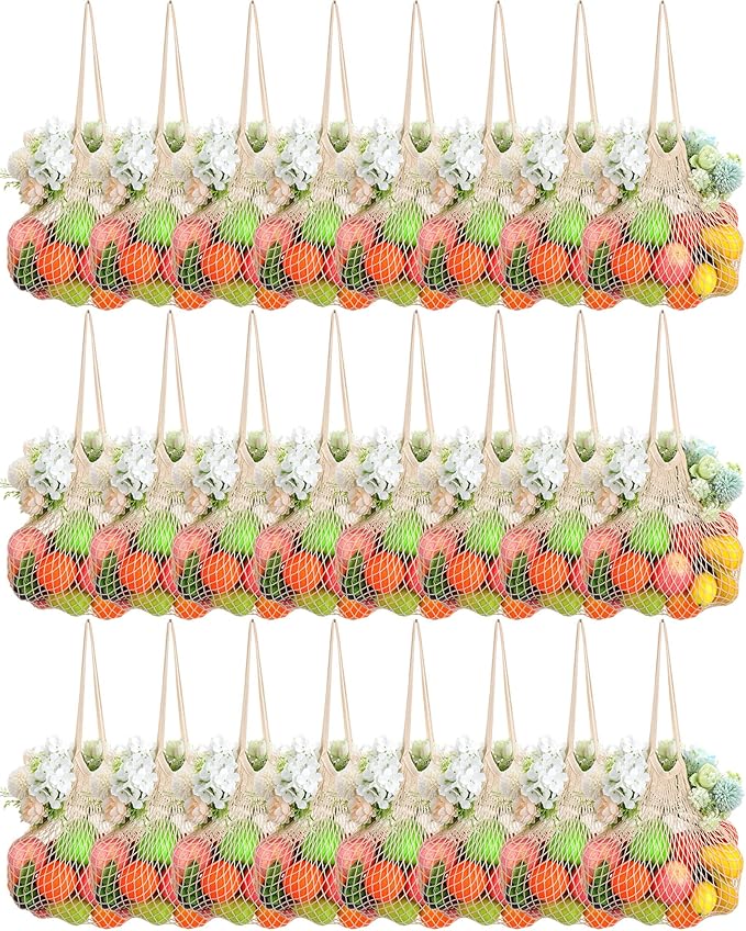 Woanger 24 Pcs Reusable Cotton Mesh Produce Shopping Bags Long Handle Washable Grocery Net Portable Fruit and Vegetable Cotton String Bags Beige Net Tote Organizer
