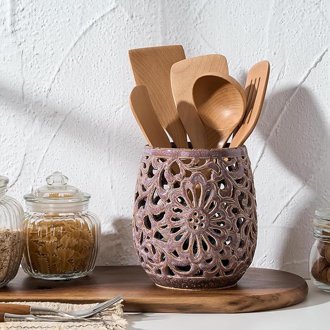Farmhouse Kitchen Utensil Holder for Kitchen Counter, Ceramic Large Cooking Utensil Crock with Cork Mat, Countertop Cooking Tool Spatula Organizer, Purple Antique Design
