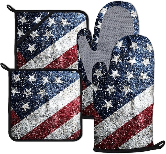 American Flag Oven Mitts and Pot Holders Sets 4Pcs Silicone Non-Slip Mitts Heat Resistant Gloves Hot Pads for Kitchen Cooking Baking Grilling BBQ