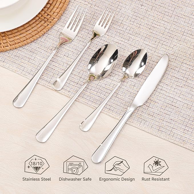 40-Piece Silverware Set for 8, 18/10 Stainless Steel Flatware Set, Heavy Duty Mirror Polished Cutlery Set, Dishwasher Safe Kitchen Utensils for Home Restaurant, Wedding Gift - HIKAA