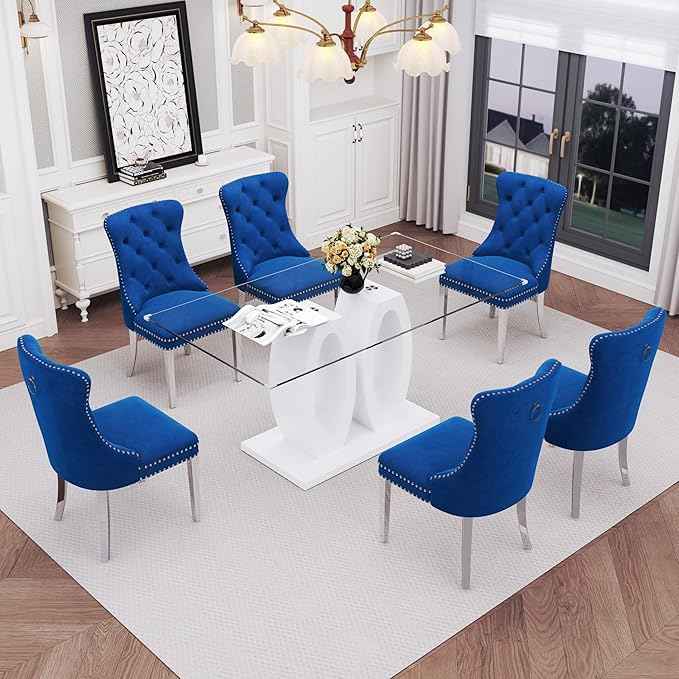 63" Glass Dining Table Set for 6, 7-Piece Rectangular Kitchen Table with Tempered Glass Top, White Double O-Shaped MDF Base, and 6 Blue Velvet Upholstered Chairs for Dining Room, Living Room, Office