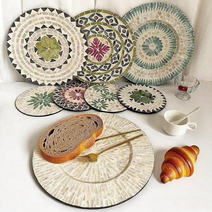 12 Inch Mother of Pearl Shell Placemat Plate – Large Round Decorative Heat for Table or Kitchen, Cabinet, Tabletop (Green Leaves, 12 Inch)