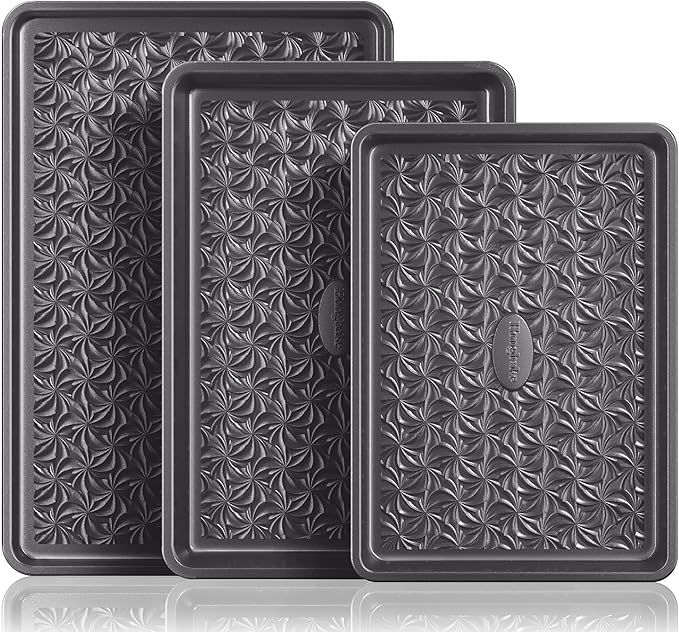 HONGBAKE Nonstick Baking Sheet Pan Set of 3, Cookie Sheets for Oven, Non-Toxic Half/Quarter/Jelly Roll Pans with Floral Swirl Texture, Heavy Duty 0.8mm Thick Oven Trays for Cooking, Dark Gray