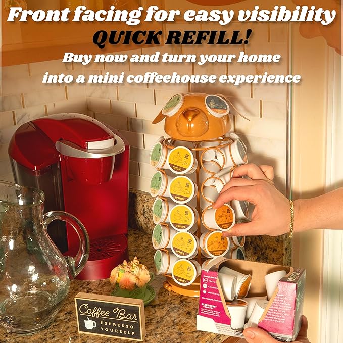Made Easy Kit Carousel Coffee Pod Holder - Compatible with Keurig K-Pods K-Cups - Countertop 360 Spin Rack Storage Organizer - Revolving Base - Capsule Café Station Bar (Dog Brown, Large)