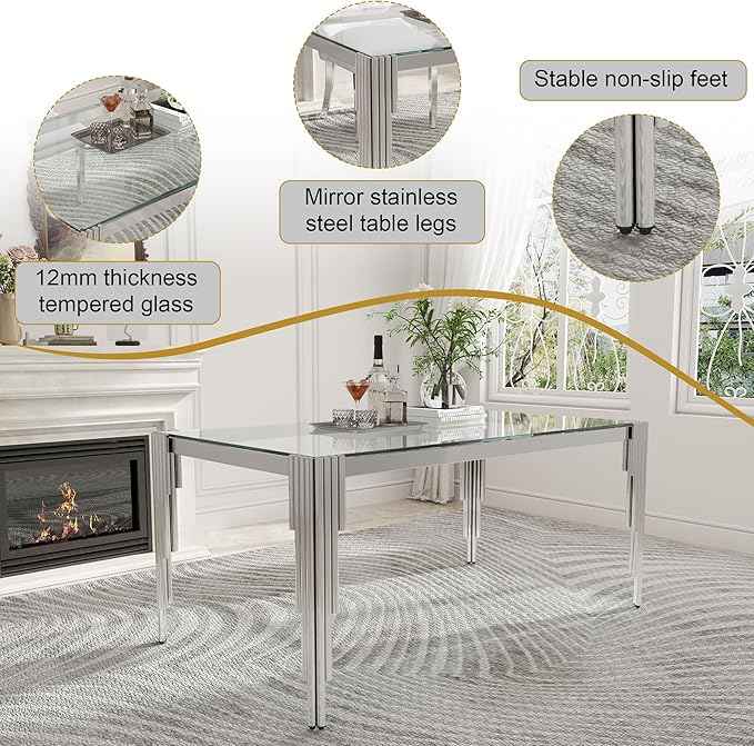AF ARTISAN FURNITURE 53'' Glass Dining Table Set for 4, Kitchen Table Chairs Set of 4, Clear Silver Glass Dining Tables with Stainless Steel Legs, 4 Grey PU Dining Chairs, Living Room, Kitchen
