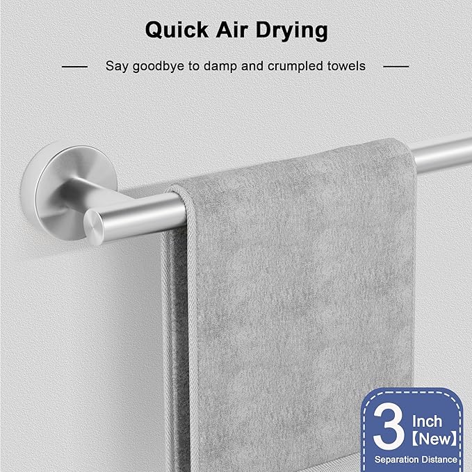 Brushed Nickel Towel Bar, 24 Inch Towel Racks for Bathroom Wall Mounted, SUS304 Stainless Steel Bathroom Towel Holder, Total Length 26.4 Inch Towel Bars