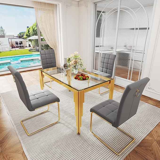 AF ARTISAN FURNITURE 53'' Glass Dining Table Set for 4, Kitchen Table Chairs Set of 4, Clear Gold Glass Dining Tables with Stainless Steel Legs, 4 Grey PU Dining Chairs, Living Room, Kitchen