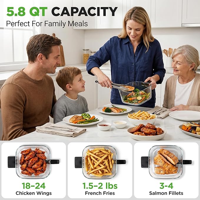 NutriChef 5.8 Quart Air Fryer | Glass Airfryer with 8-in-1 Digital Presets | Stainless Steel Fryer Design | Glass Fry Bowl with Flip-Up Safety Shield | Compact Air-Fryer for Even Cooking | Black