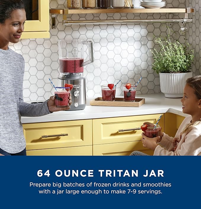 GE 5-Speed Blender + (2) 16 Ounce Blender Cups | Kitchen Essentials for Shakes, Smoothies & More | Large 64 oz Tritan Jar, 8-10 Servings | Stainless Steel Blades & Exterior Finish| 1000 Watts